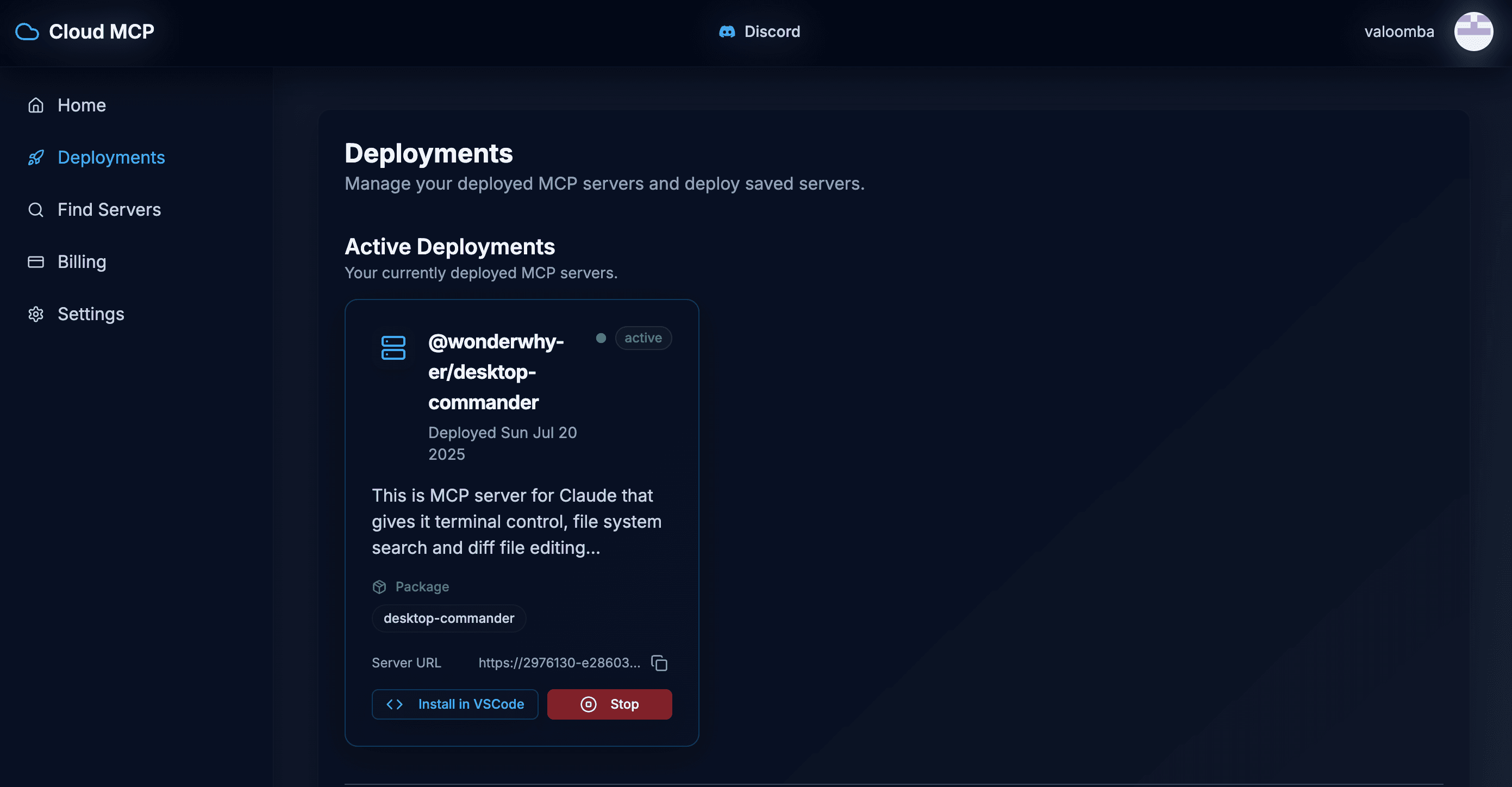 Active Deployments page showing a running desktop-commander server with its details and controls