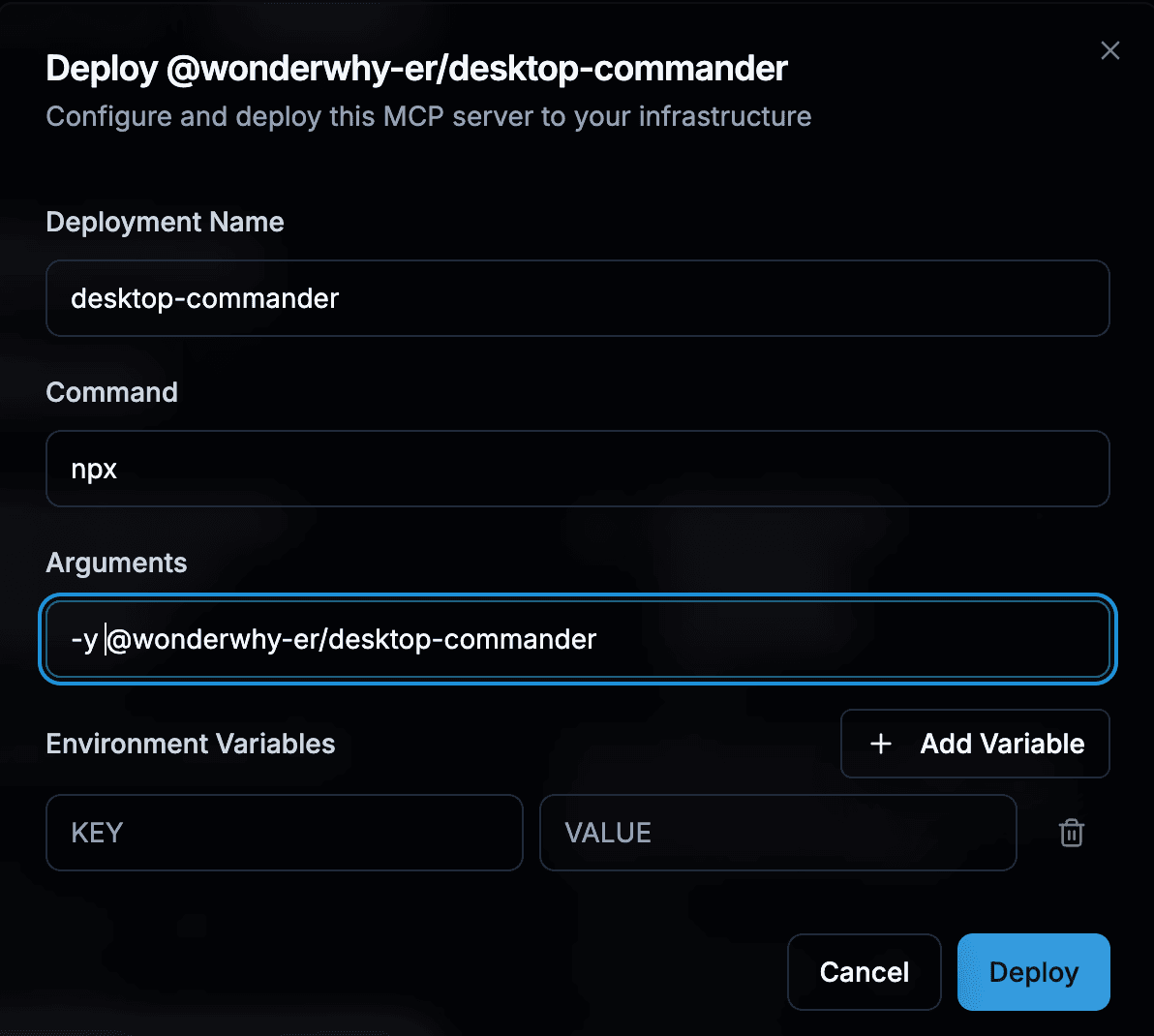 Deployment configuration modal showing fields for deployment name, command, arguments, and environment variables