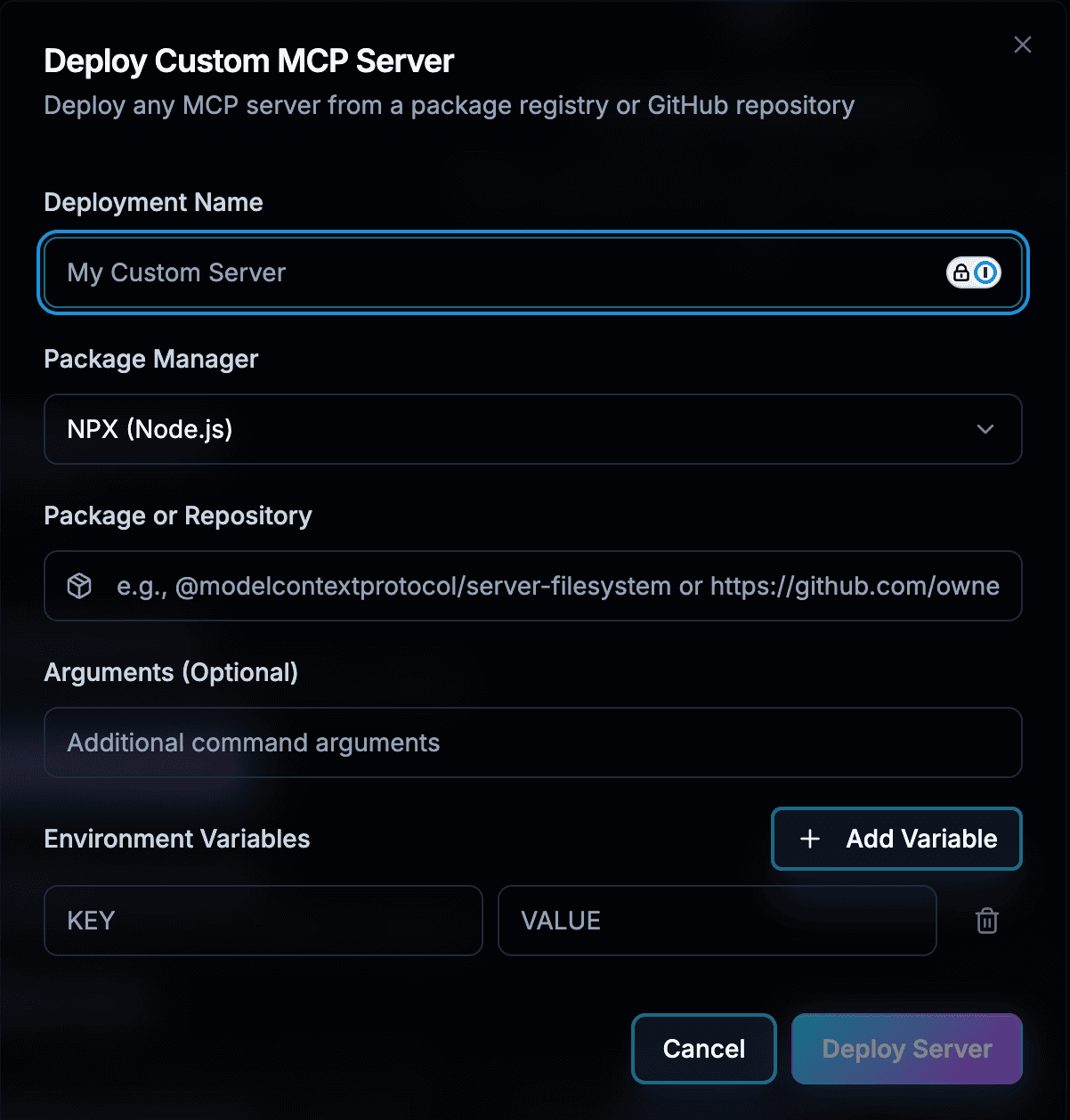 Custom Deployment dialog showing package manager selection and input fields