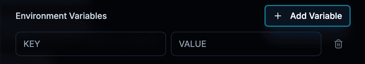 Environment variables interface with add/remove buttons
