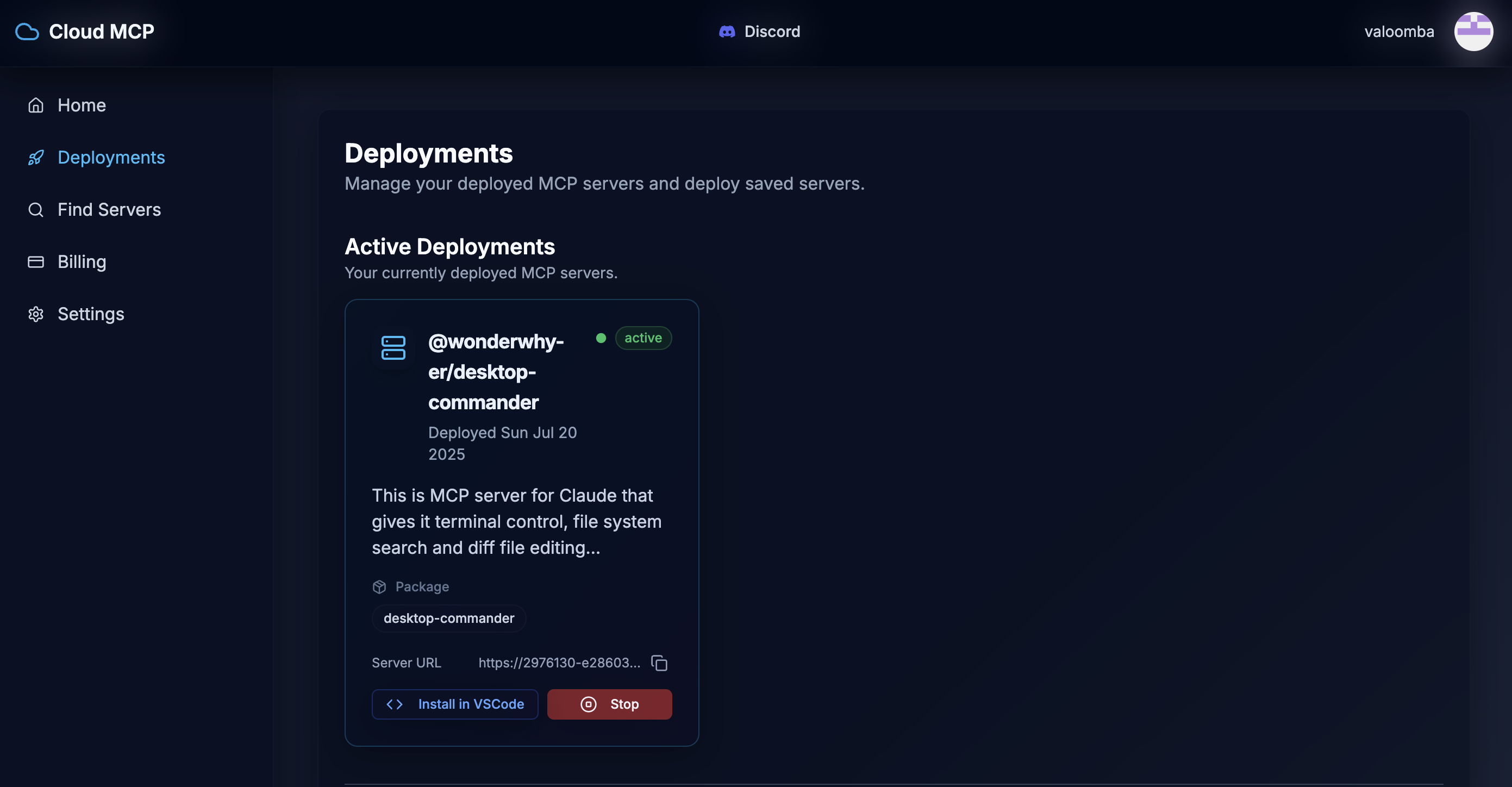 Active Deployments page showing a running desktop-commander server with its details and controls